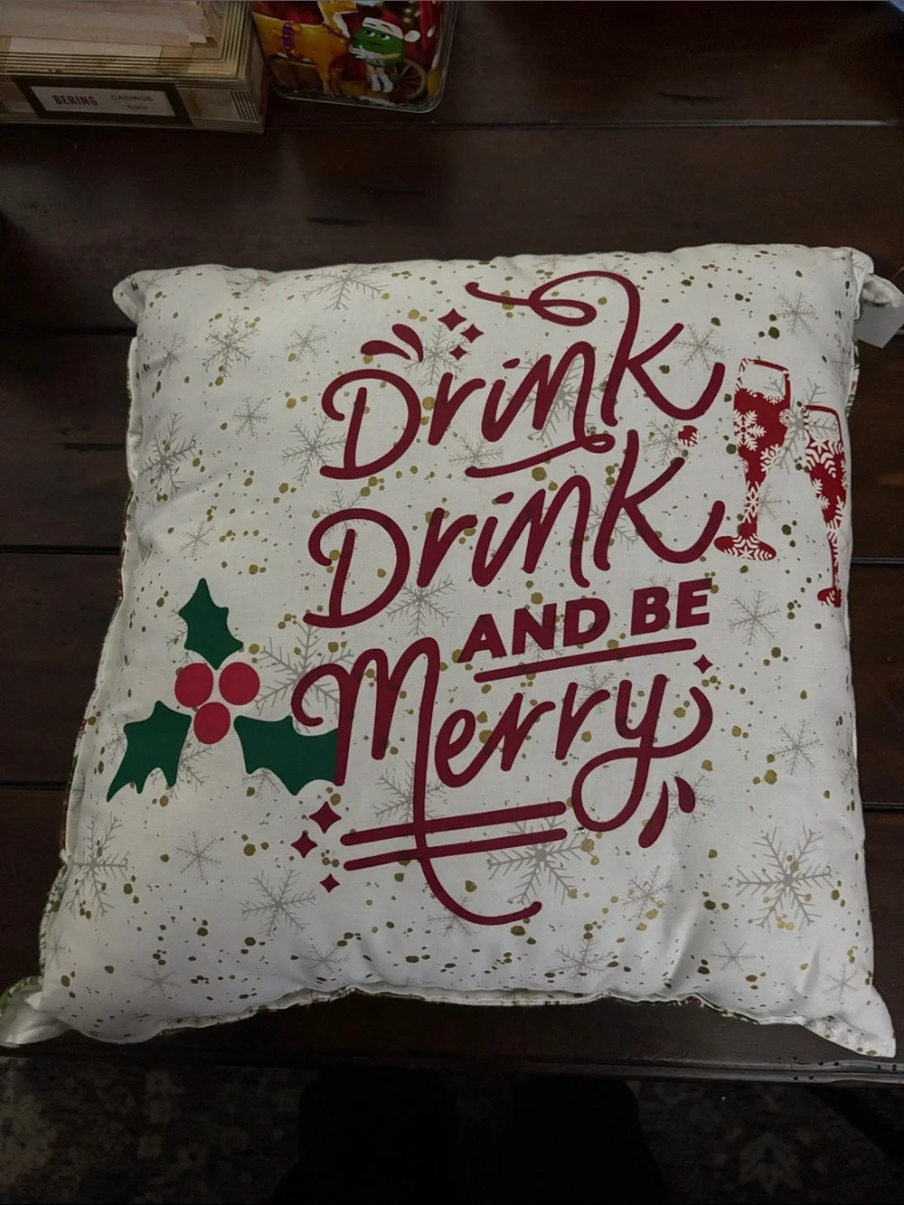 Drink Drink and Be Merry Holiday Pillow - White/Red/Green